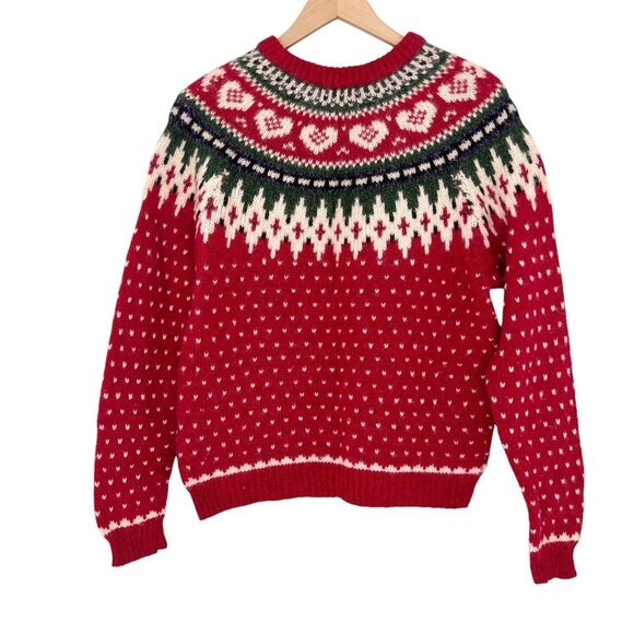 Woolrich Sweaters - Woolrich Women’s Medium Vintage Red Fair Isle Heart Crewneck Sweater Wool Blend